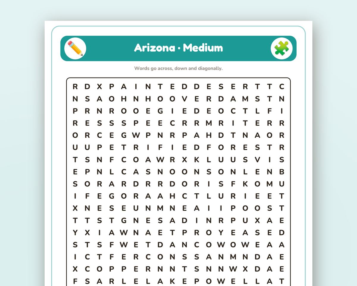 Arizona Word Search Printable: 4 Puzzles (Easy to Hard + Large Print) printable preview 2