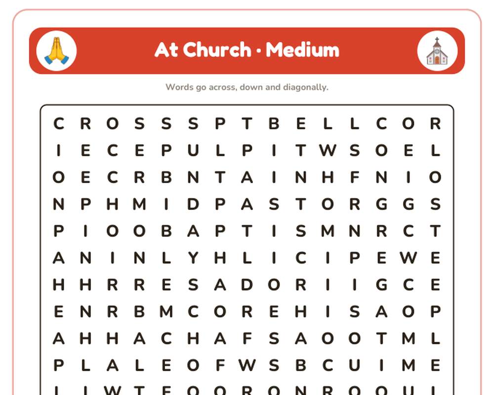 At Church Word Search Printable: 4 Puzzles (Easy to Hard + Large Print) printable preview 2