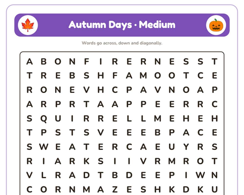 Autumn Days Word Search Printable: 4 Puzzles (Easy to Hard + Large Print) printable preview 2