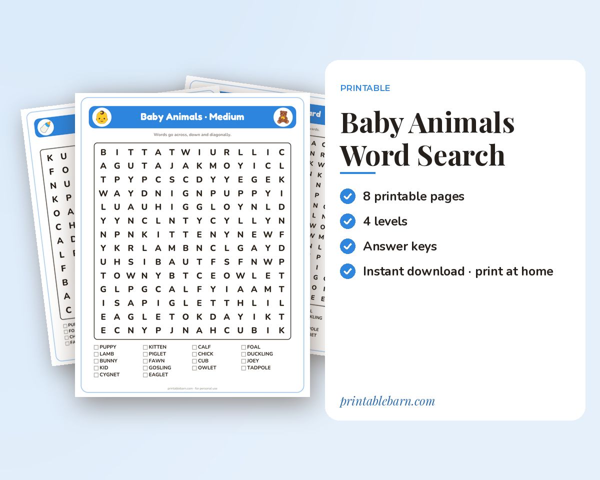 Baby Animals Word Search Printable: 4 Puzzles (Easy to Hard + Large Print) printable preview 1