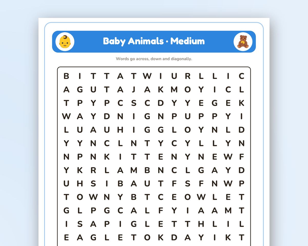 Baby Animals Word Search Printable: 4 Puzzles (Easy to Hard + Large Print) printable preview 2