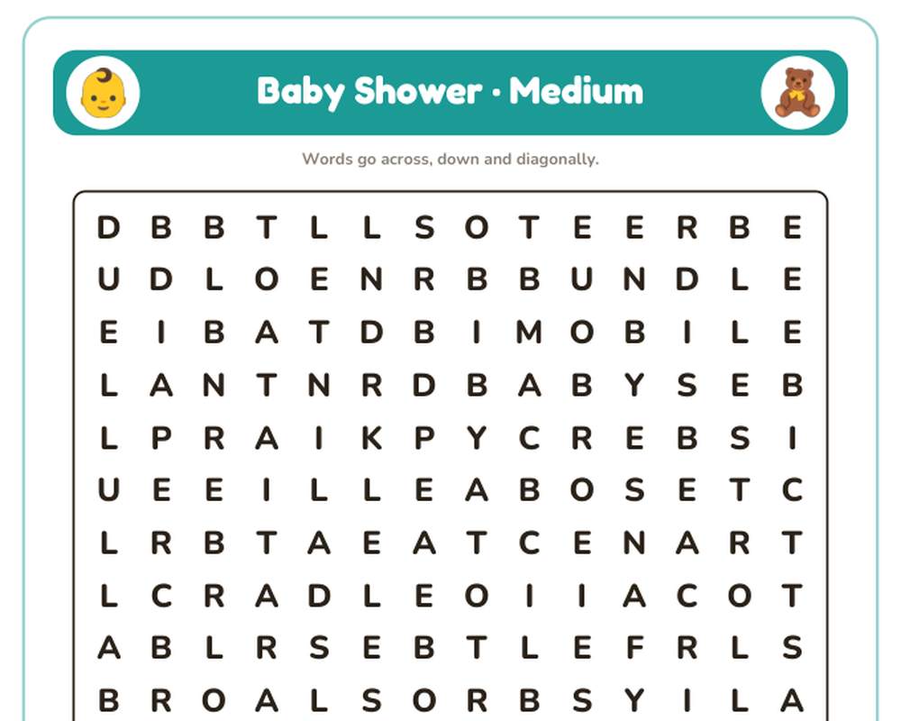 Baby Shower Word Search Printable: 4 Puzzles (Easy to Hard + Large Print) printable preview 2