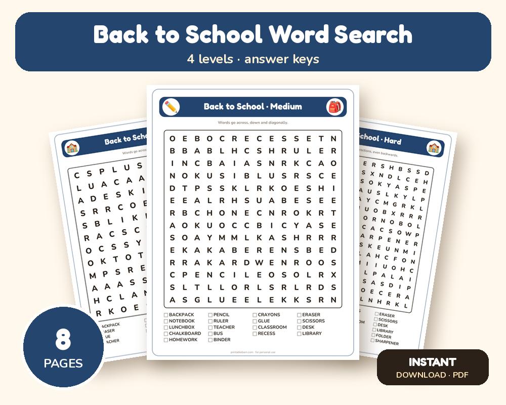 Back to School Word Search Printable: 4 Puzzles (Easy to Hard + Large Print)