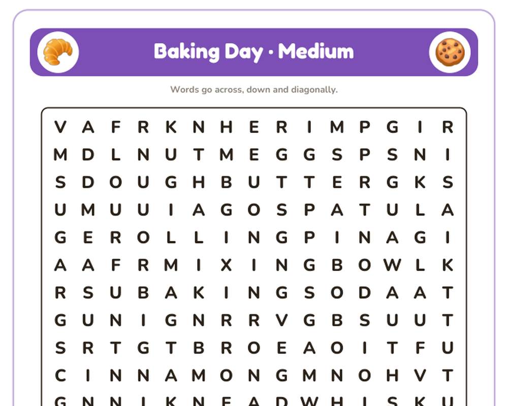 Baking Day Word Search Printable: 4 Puzzles (Easy to Hard + Large Print) printable preview 2