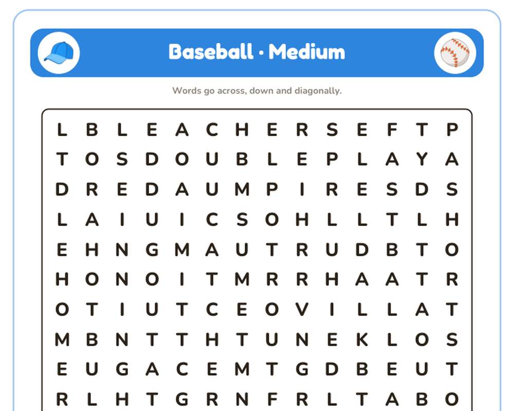 Baseball Word Search Printable: 4 Puzzles (Easy to Hard + Large Print) printable preview 2