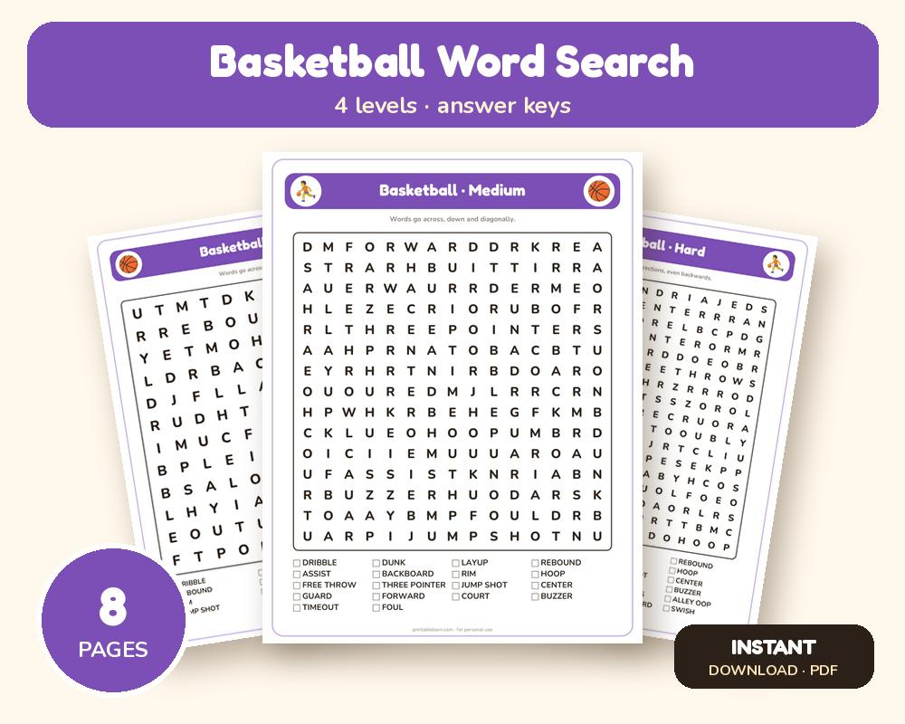 Basketball Word Search Printable: 4 Puzzles (Easy to Hard + Large Print)