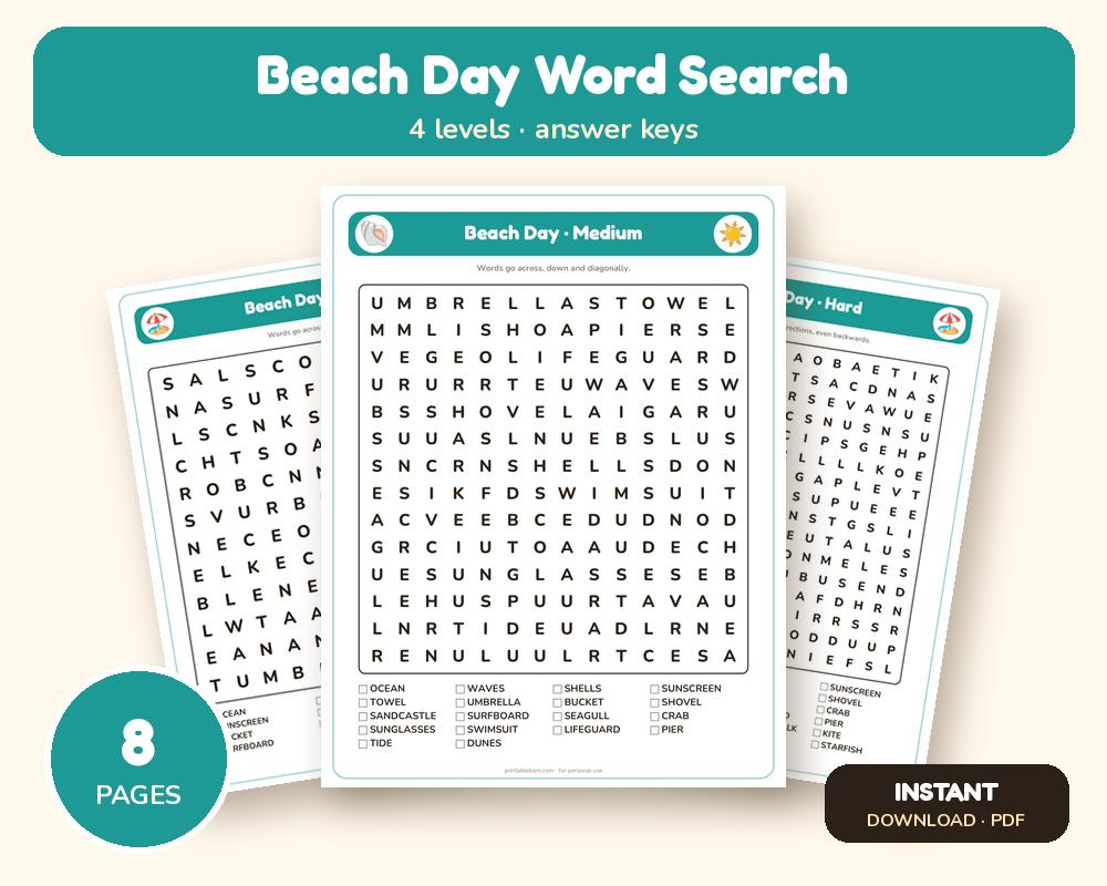 Beach Day Word Search Printable: 4 Puzzles (Easy to Hard + Large Print)