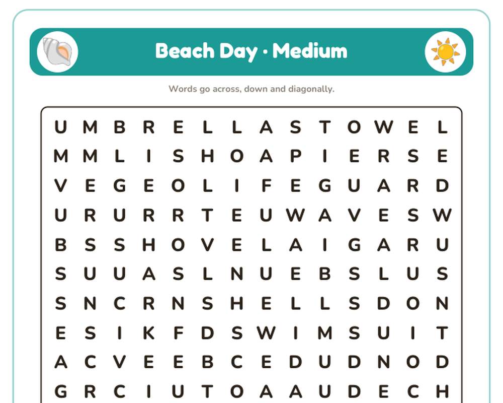 Beach Day Word Search Printable: 4 Puzzles (Easy to Hard + Large Print) printable preview 2