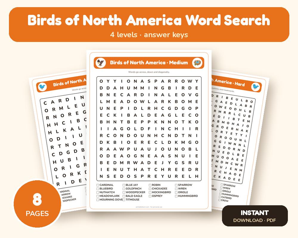 Birds of North America Word Search Printable: 4 Puzzles (Easy to Hard + Large Print) printable preview 1