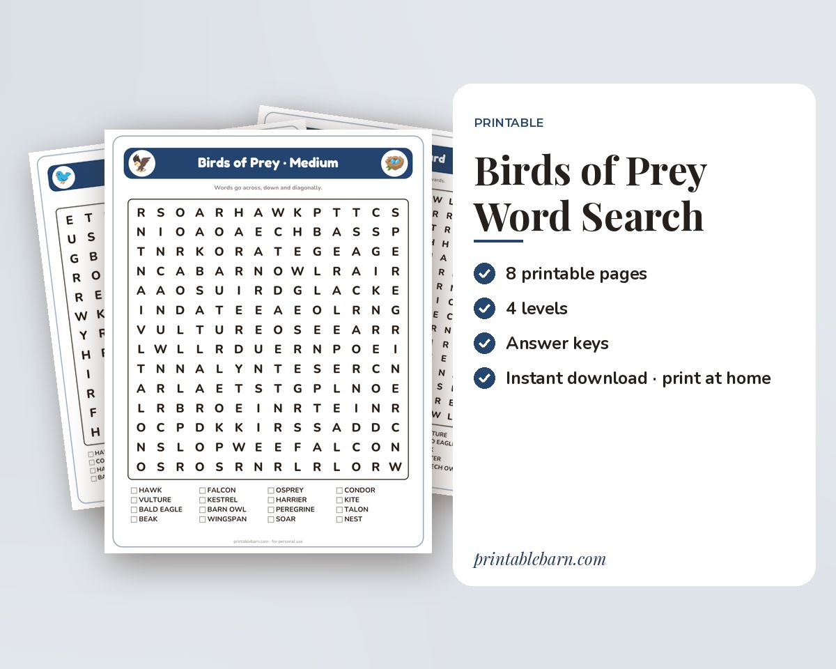 Birds of Prey Word Search Printable: 4 Puzzles (Easy to Hard + Large Print) printable preview 1