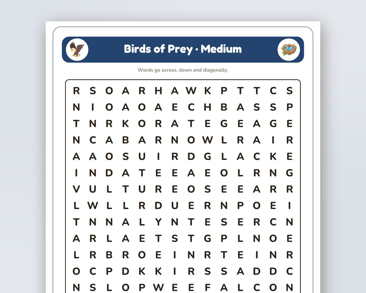 Free printable Birds of Prey Word Search sample page