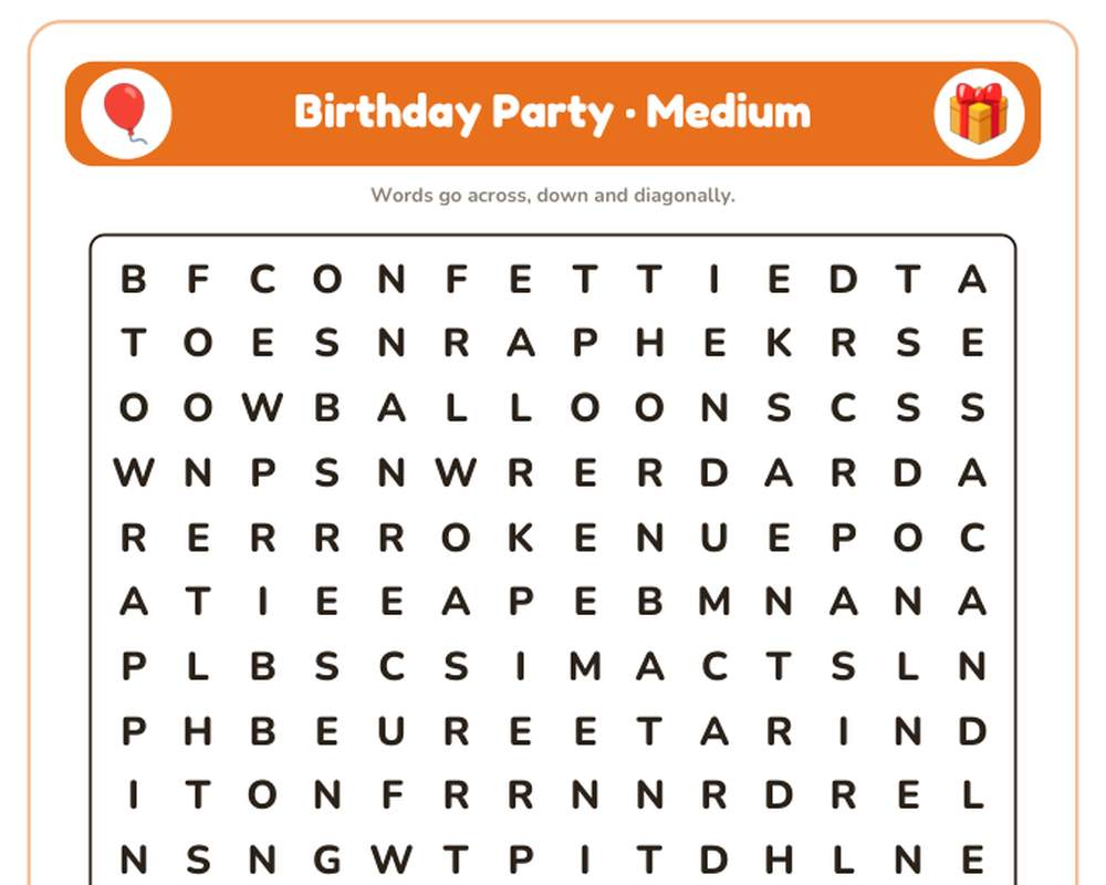 Birthday Party Word Search Printable: 4 Puzzles (Easy to Hard + Large Print) printable preview 2