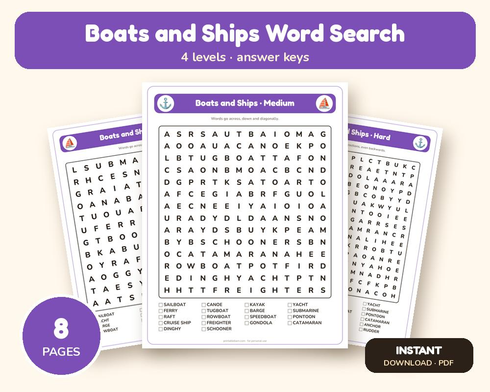 Boats and Ships Word Search Printable: 4 Puzzles (Easy to Hard + Large Print)