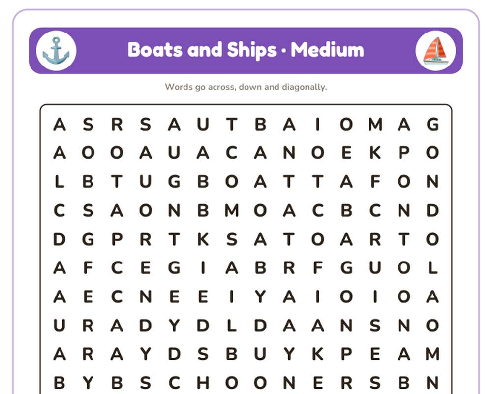 Boats and Ships Word Search Printable: 4 Puzzles (Easy to Hard + Large Print) printable preview 2