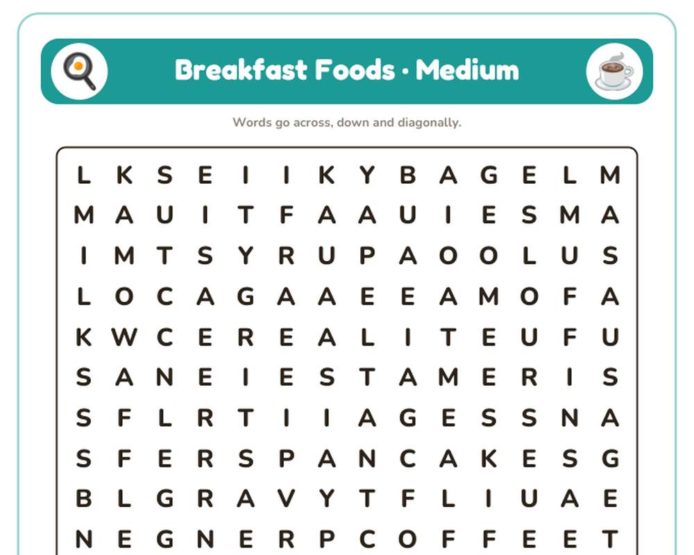 Breakfast Foods Word Search Printable: 4 Puzzles (Easy to Hard + Large Print) printable preview 2