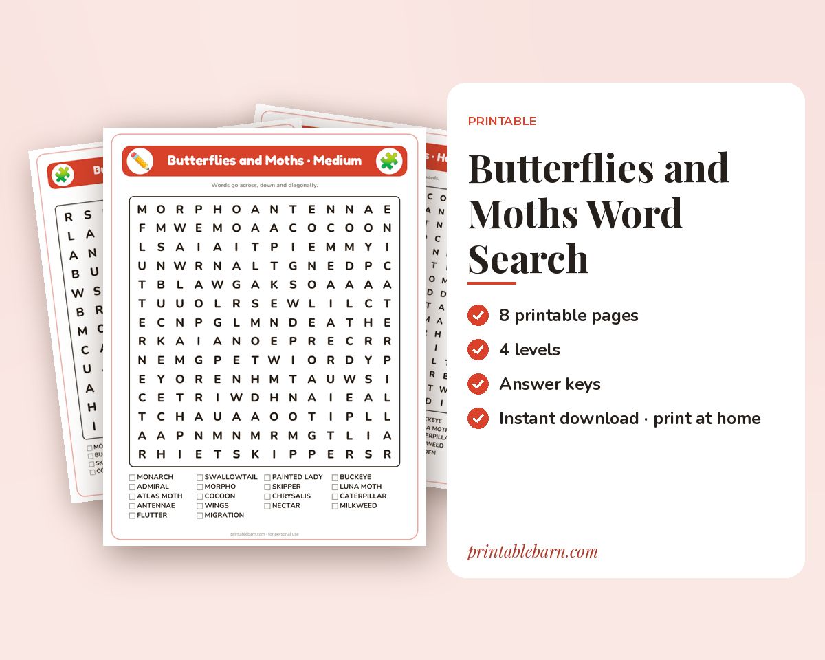 Butterflies and Moths Word Search Printable: 4 Puzzles (Easy to Hard + Large Print) printable preview 1