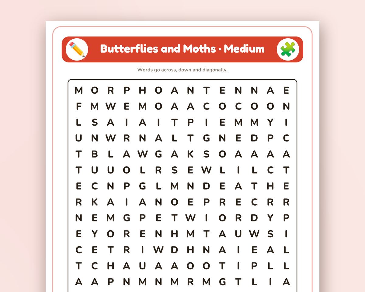 Butterflies and Moths Word Search Printable: 4 Puzzles (Easy to Hard + Large Print) printable preview 2