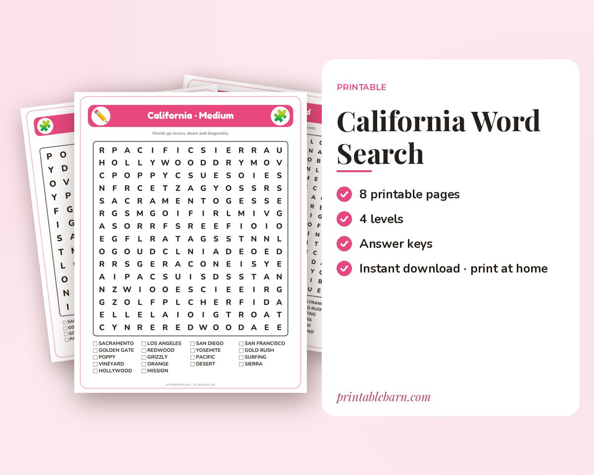 California Word Search Printable: 4 Puzzles (Easy to Hard + Large Print)