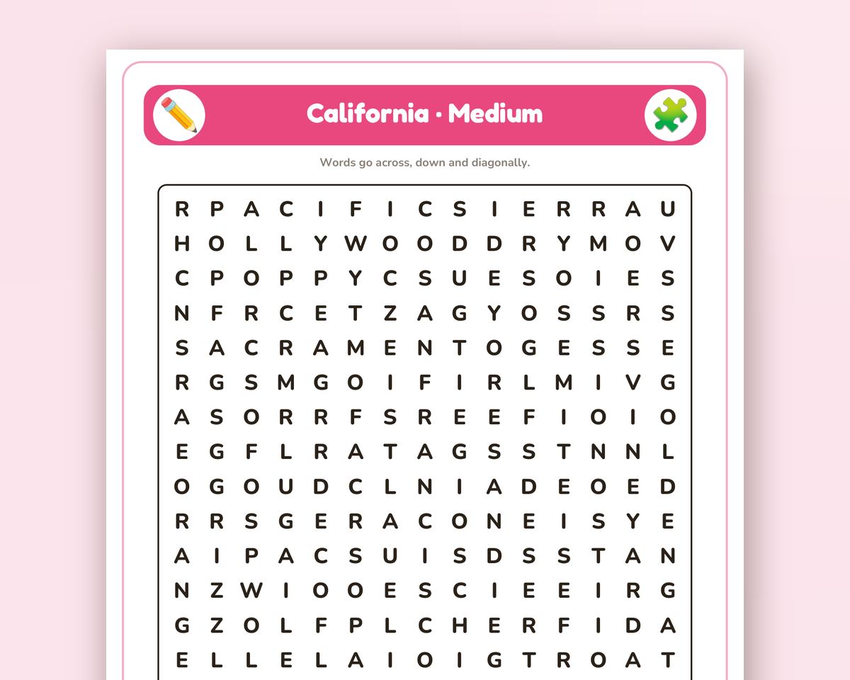 California Word Search Printable: 4 Puzzles (Easy to Hard + Large Print) printable preview 2