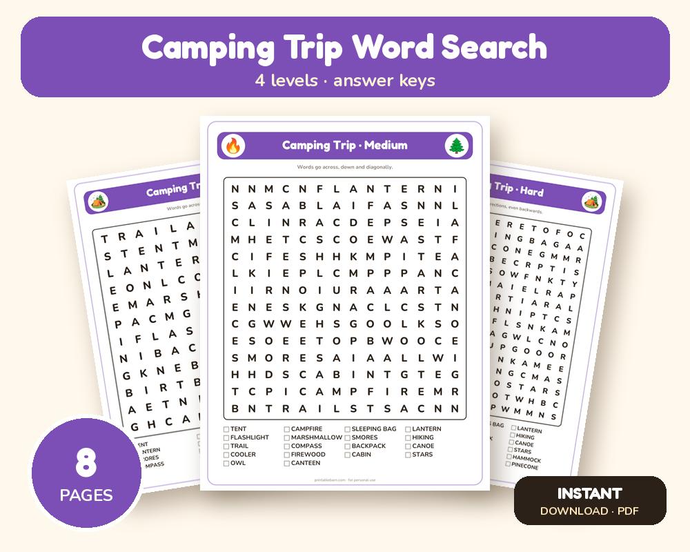 Camping Trip Word Search Printable: 4 Puzzles (Easy to Hard + Large Print)