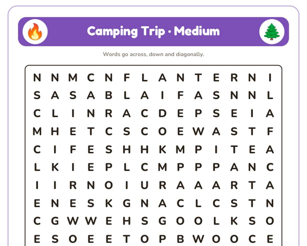 Camping Trip Word Search Printable: 4 Puzzles (Easy to Hard + Large Print) printable preview 2