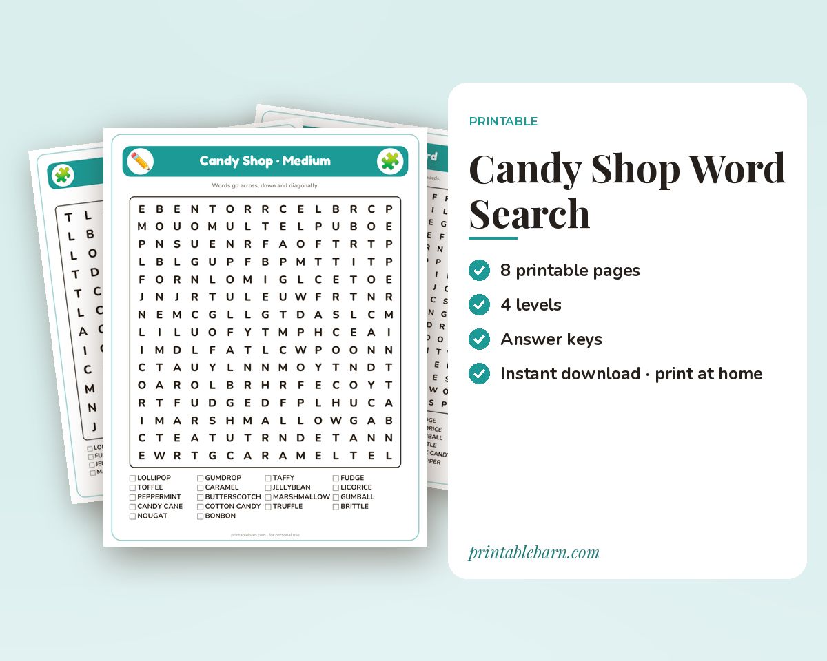 Candy Shop Word Search Printable: 4 Puzzles (Easy to Hard + Large Print) printable preview 1