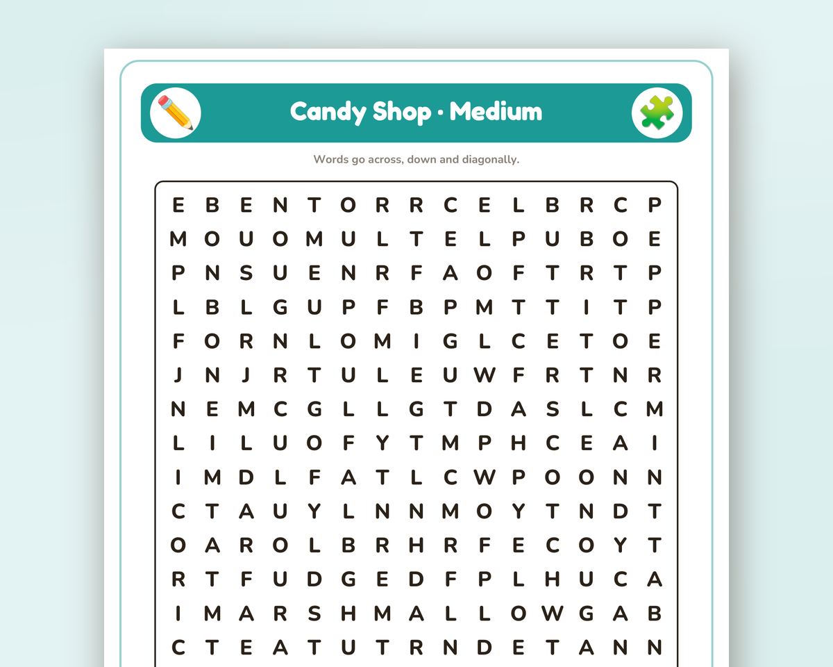 Candy Shop Word Search Printable: 4 Puzzles (Easy to Hard + Large Print) printable preview 2