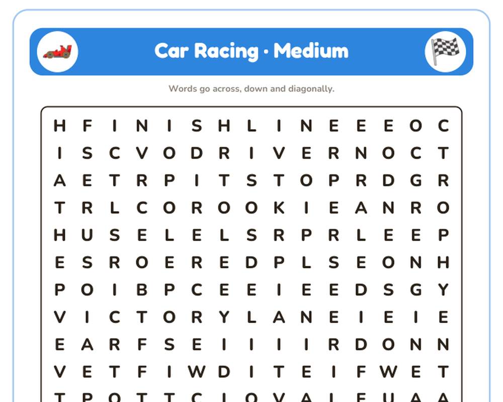 Car Racing Word Search Printable: 4 Puzzles (Easy to Hard + Large Print) printable preview 2