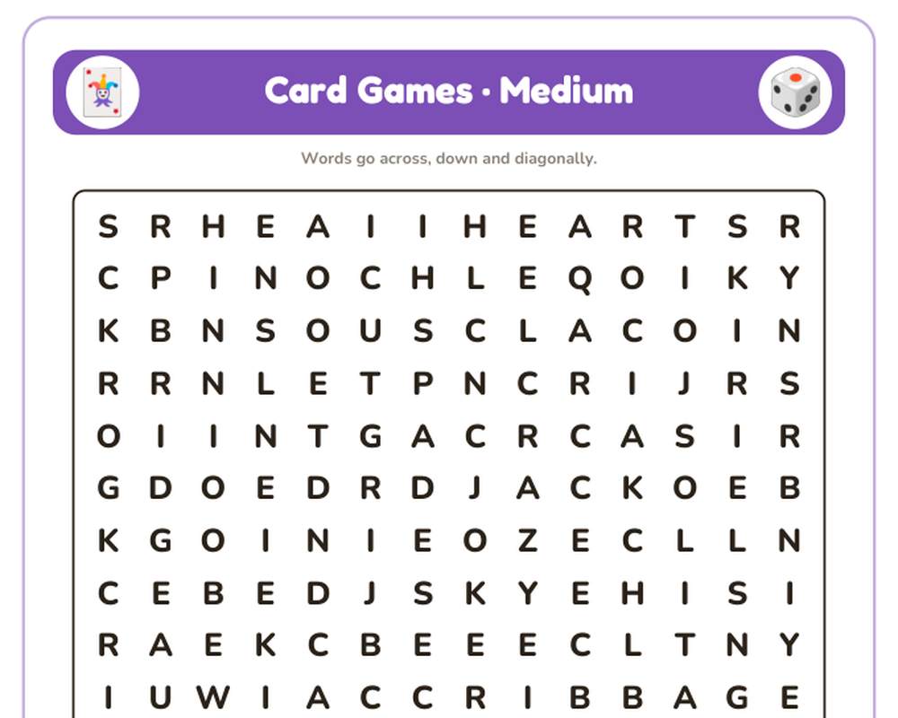 Card Games Word Search Printable: 4 Puzzles (Easy to Hard + Large Print) printable preview 2