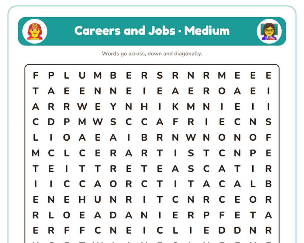Free printable Careers and Jobs Word Search sample page