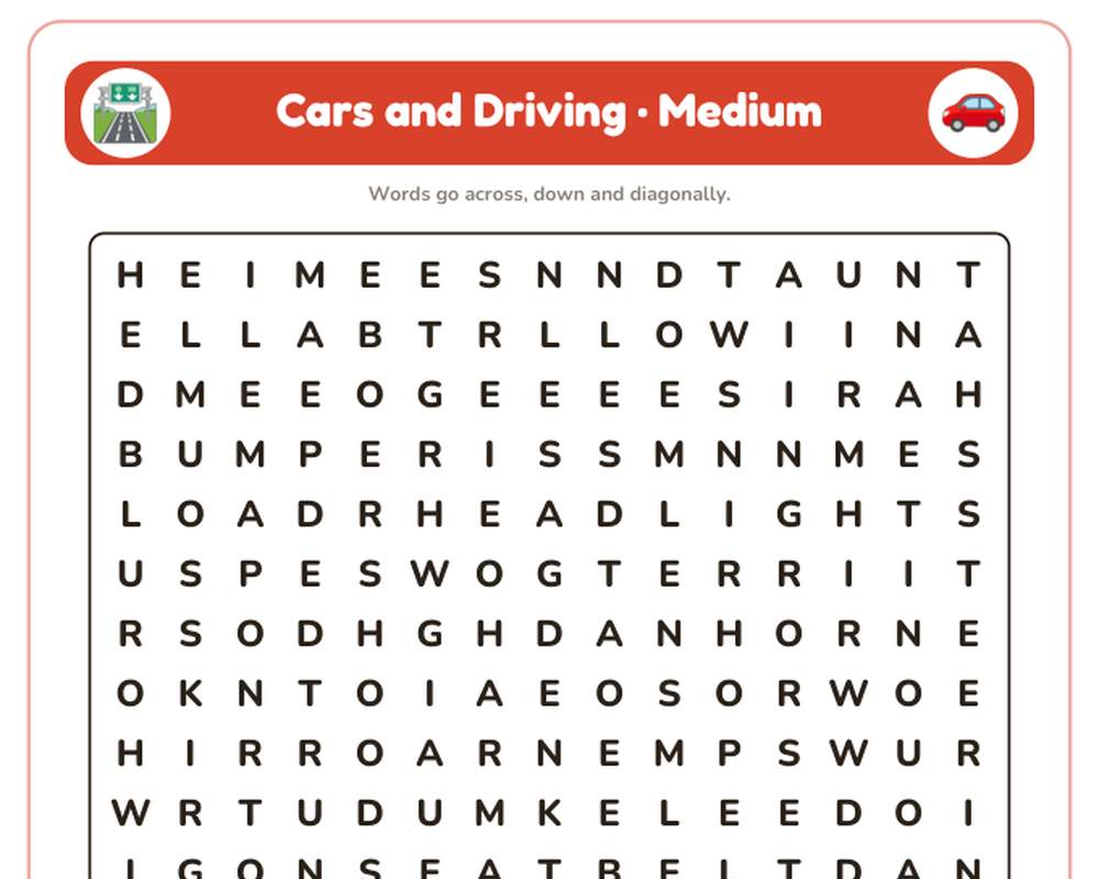 Free printable Cars and Driving Word Search sample page