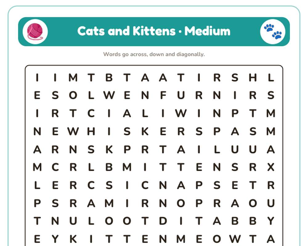Cats and Kittens Word Search Printable: 4 Puzzles (Easy to Hard + Large Print) printable preview 2