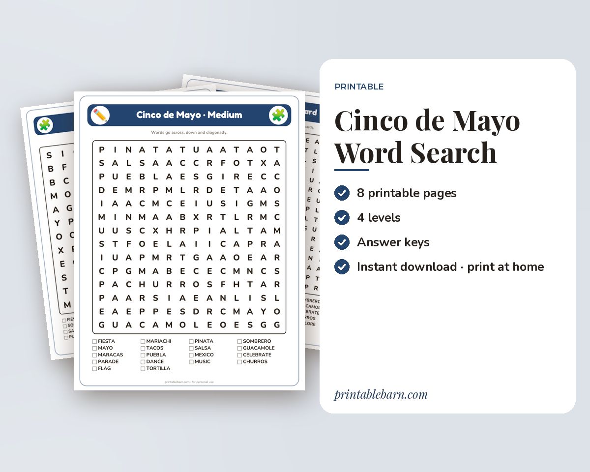 Cinco de Mayo Word Search Printable: 4 Puzzles (Easy to Hard + Large Print) printable preview 1