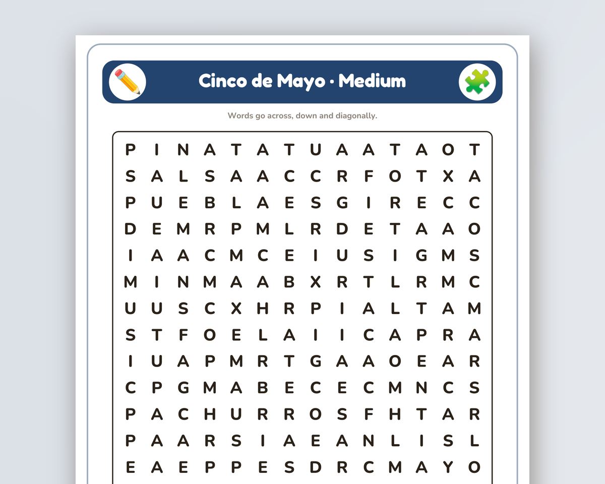 Cinco de Mayo Word Search Printable: 4 Puzzles (Easy to Hard + Large Print) printable preview 2