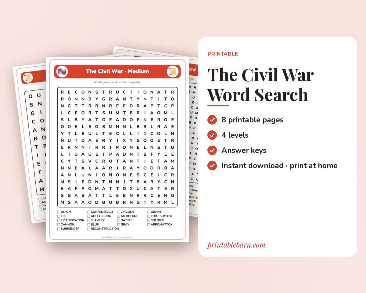 The Civil War Word Search Printable: 4 Puzzles (Easy to Hard + Large Print) printable preview 1