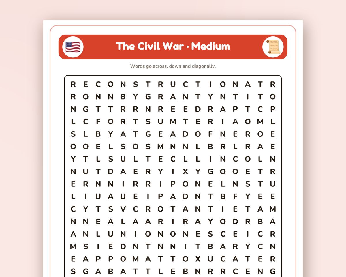 The Civil War Word Search Printable: 4 Puzzles (Easy to Hard + Large Print) printable preview 2
