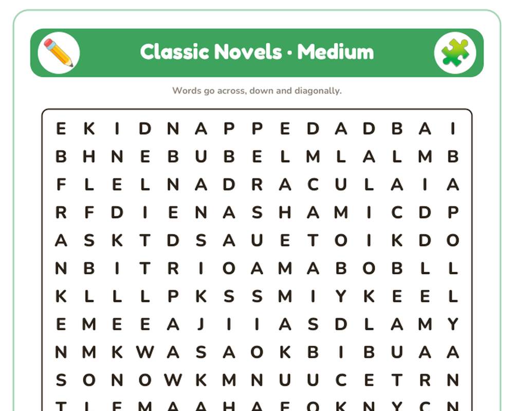 Classic Novels Word Search Printable: 4 Puzzles (Easy to Hard + Large Print) printable preview 2