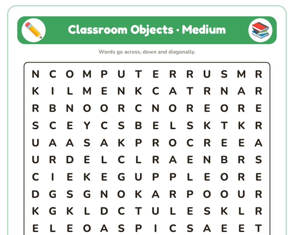 Free printable Classroom Objects Word Search sample page