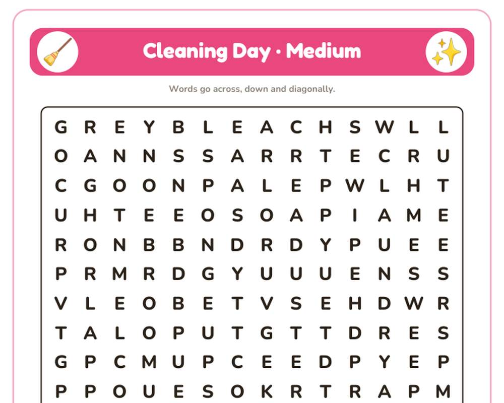 Cleaning Day Word Search Printable: 4 Puzzles (Easy to Hard + Large Print) printable preview 2
