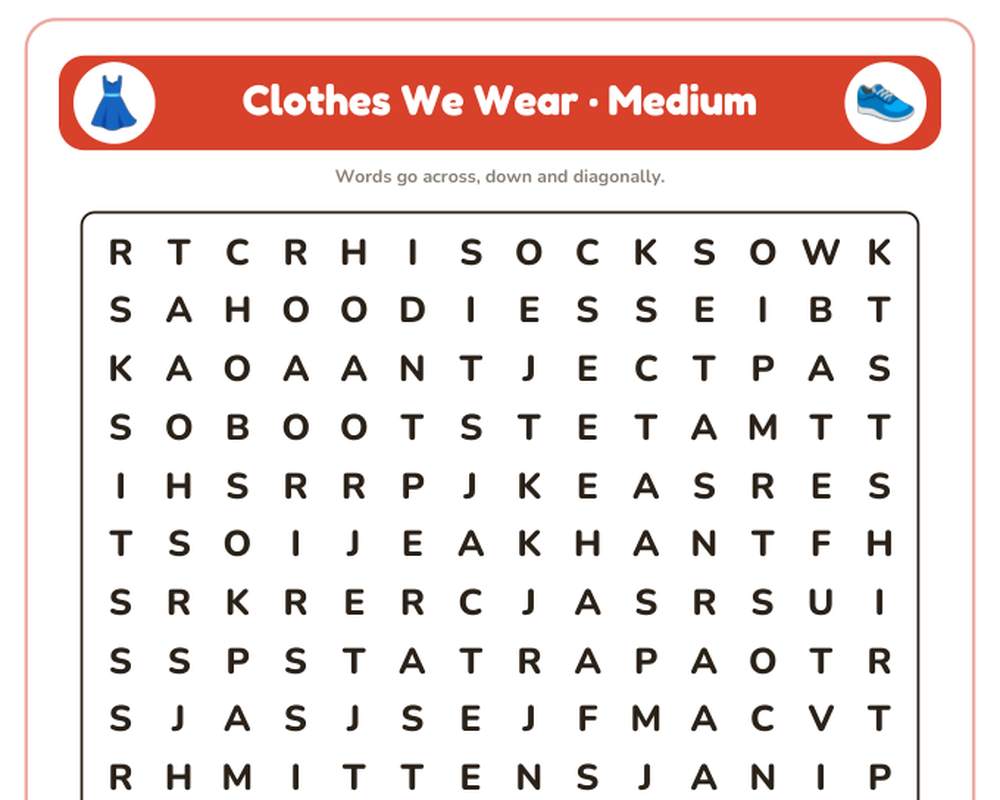 Clothes We Wear Word Search Printable: 4 Puzzles (Easy to Hard + Large Print) printable preview 2