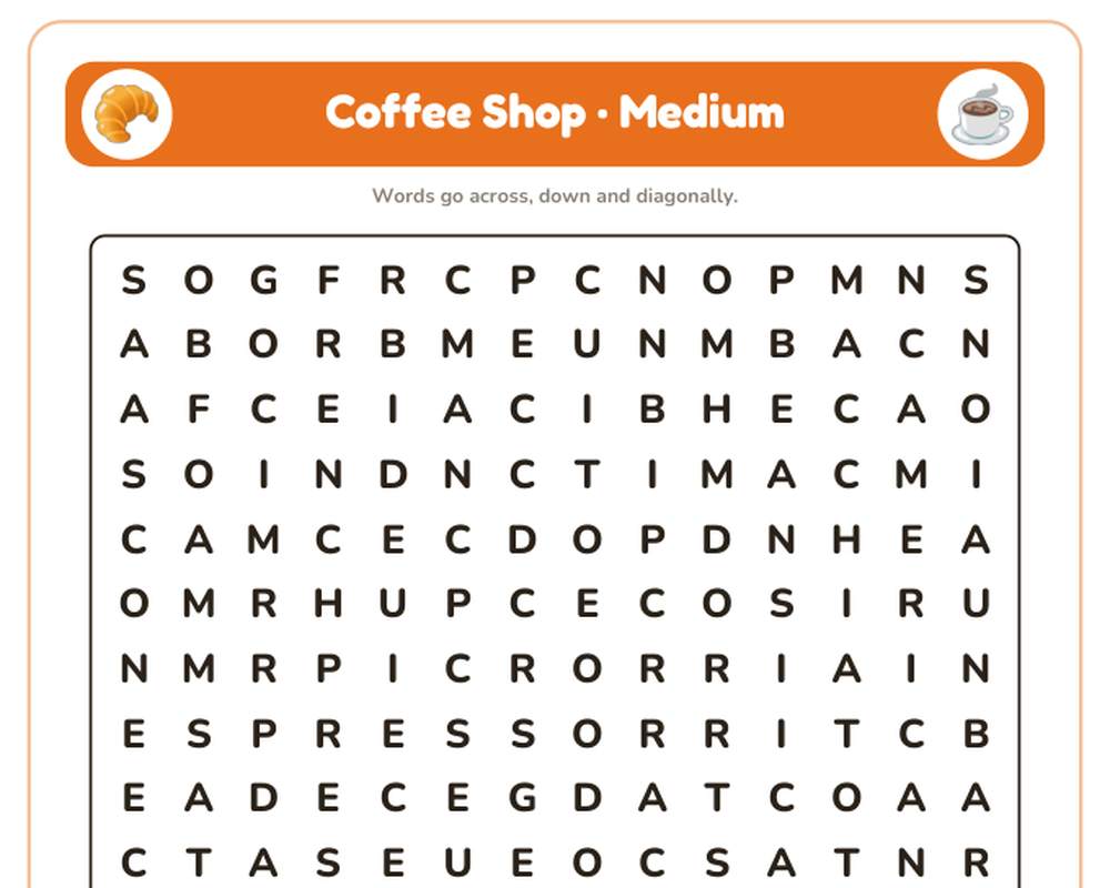 Coffee Shop Word Search Printable: 4 Puzzles (Easy to Hard + Large Print) printable preview 2