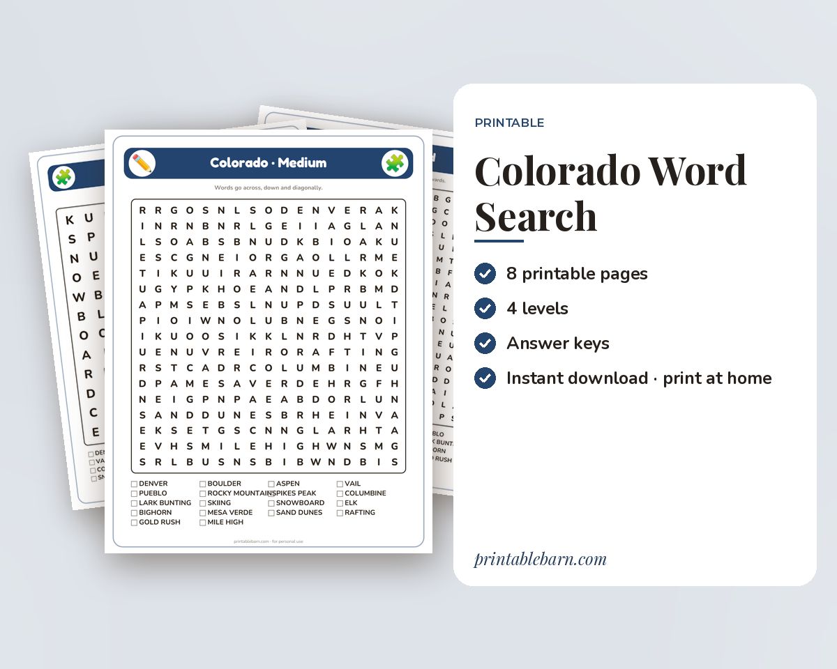 Colorado Word Search Printable: 4 Puzzles (Easy to Hard + Large Print) printable preview 1