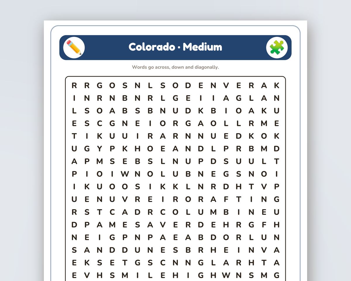 Colorado Word Search Printable: 4 Puzzles (Easy to Hard + Large Print) printable preview 2