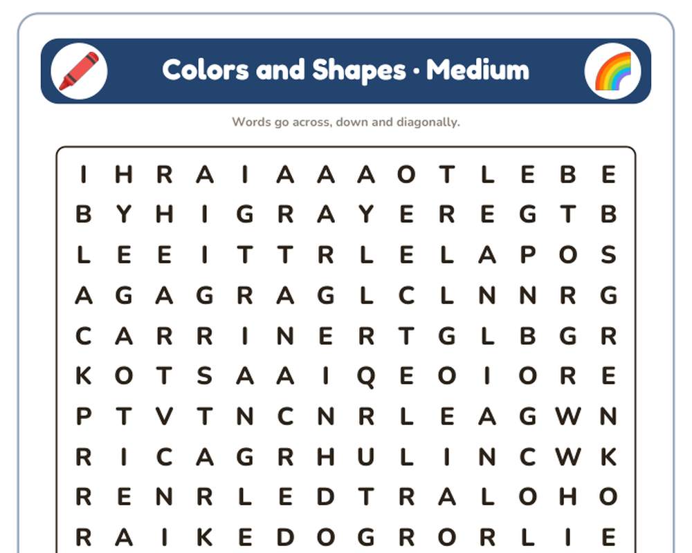 Free printable Colors and Shapes Word Search sample page