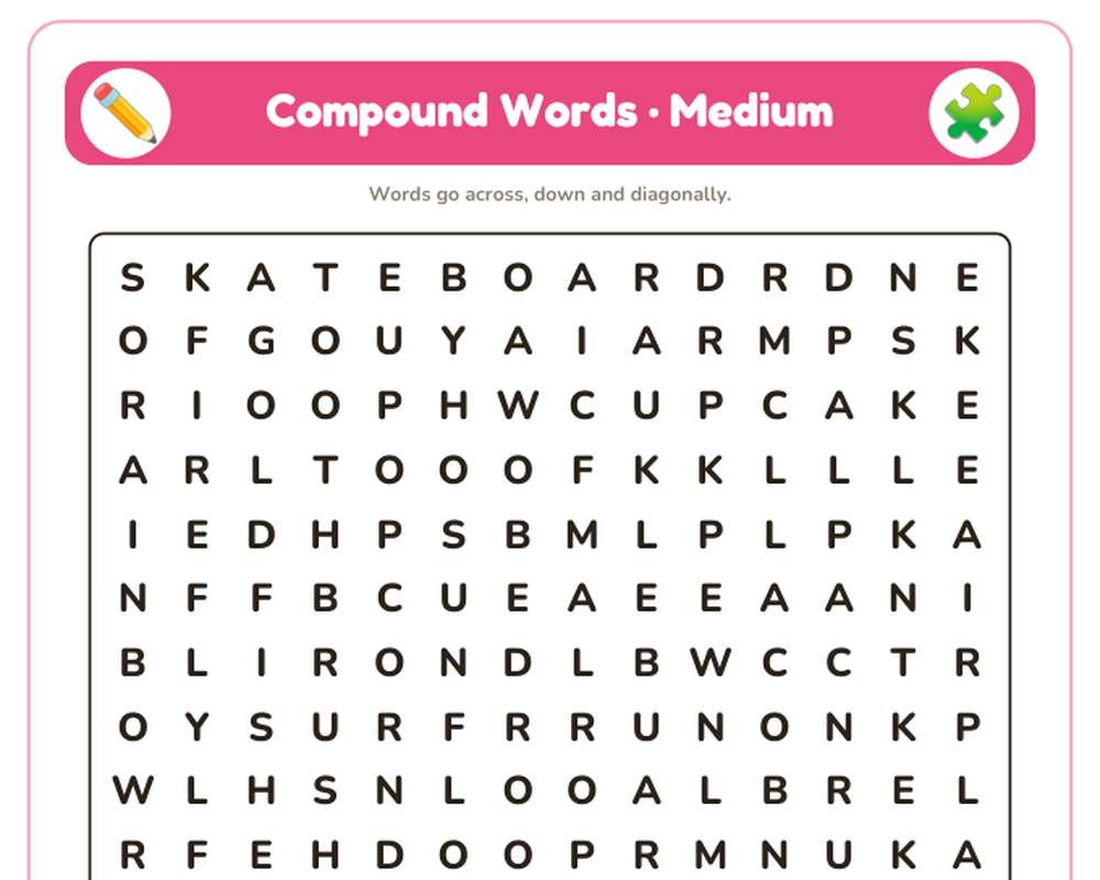 Compound Words Word Search Printable: 4 Puzzles (Easy to Hard + Large Print) printable preview 2