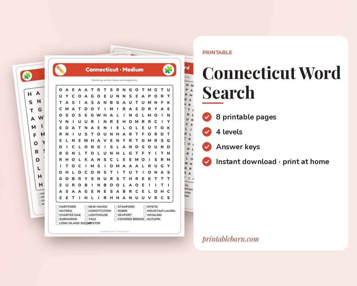 Connecticut Word Search Printable: 4 Puzzles (Easy to Hard + Large Print) printable preview 1