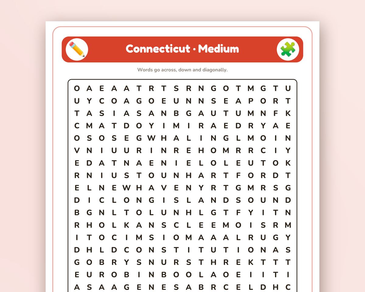 Connecticut Word Search Printable: 4 Puzzles (Easy to Hard + Large Print) printable preview 2