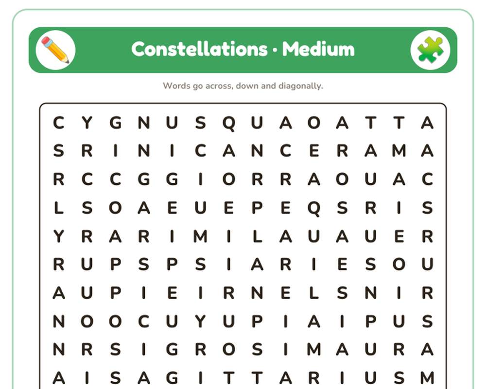 Constellations Word Search Printable: 4 Puzzles (Easy to Hard + Large Print) printable preview 2