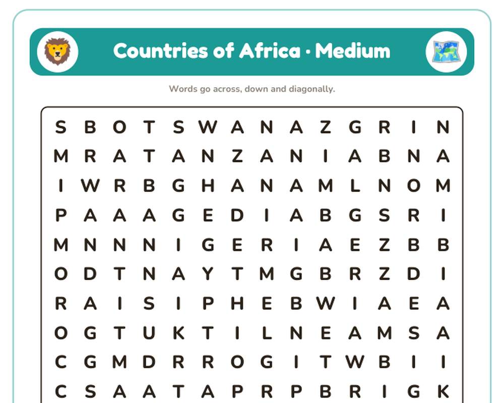 Countries of Africa Word Search Printable: 4 Puzzles (Easy to Hard + Large Print) printable preview 2