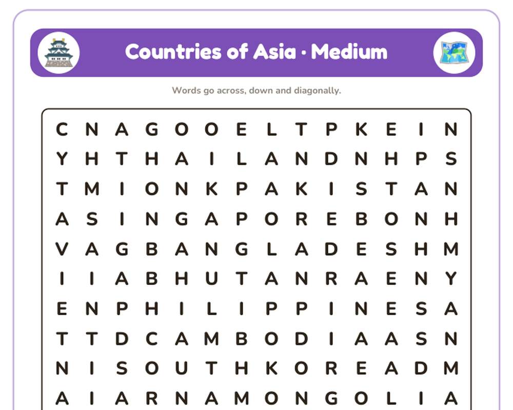 Countries of Asia Word Search Printable: 4 Puzzles (Easy to Hard + Large Print) printable preview 2